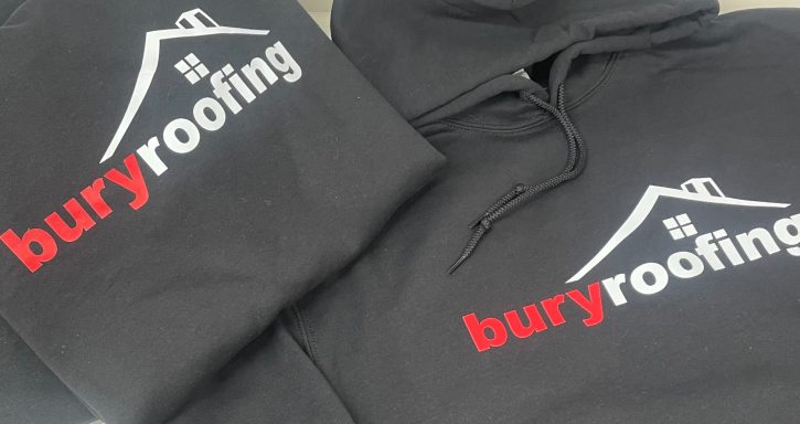 Two black hoodies with the "buryroofing" logo in red and white.